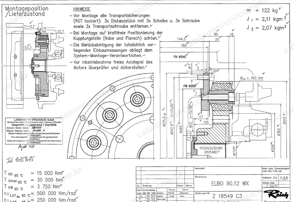 Desenho de montagem do acoplamento elástico entre motor e caixa de distribuição da P 9250