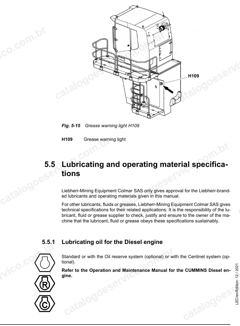 Luz de alerta de lubrificação H109 e especificação de lubrificantes da R 9200