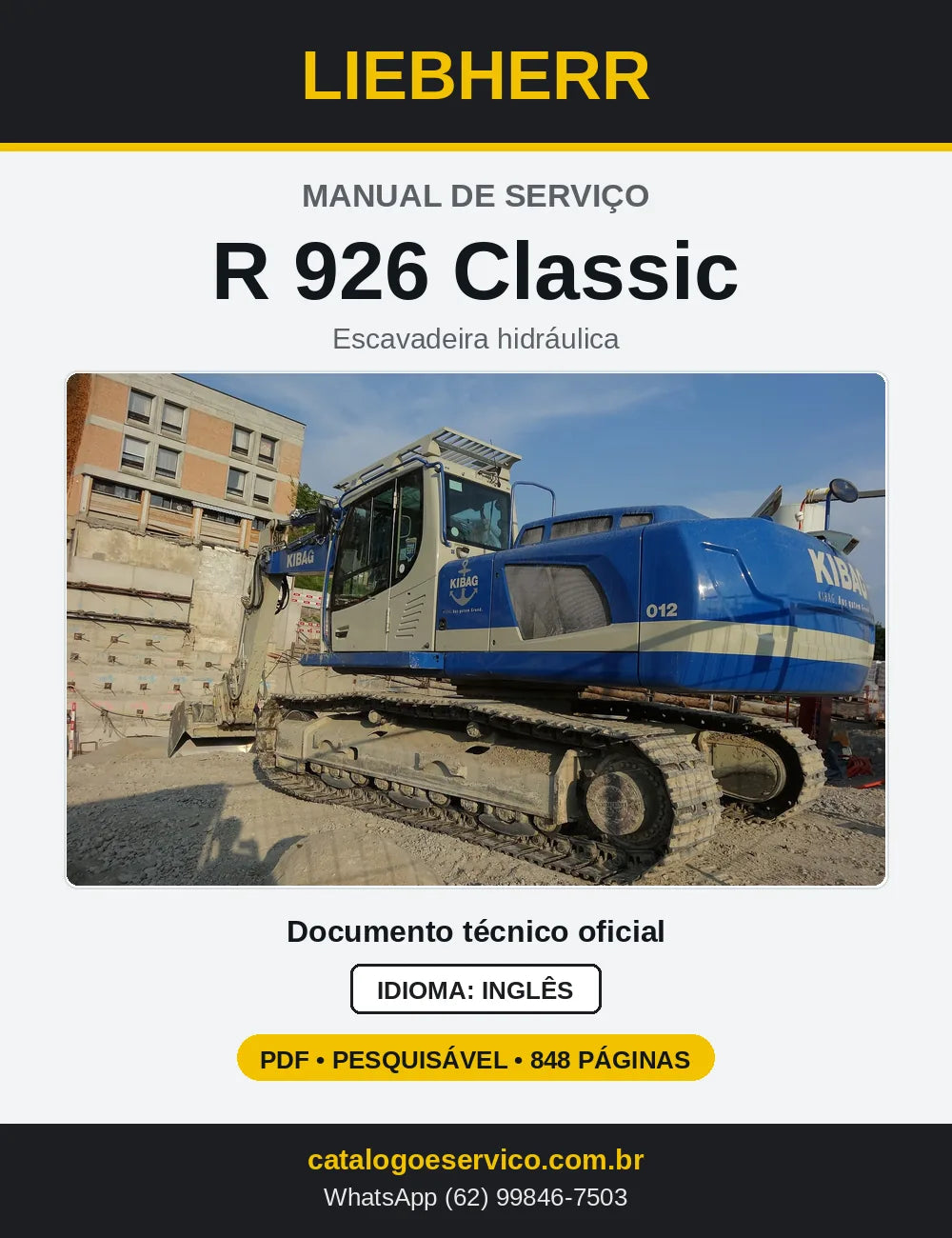 Capa do Manual de Serviço Liebherr R926 Classic escavadeira hidráulica