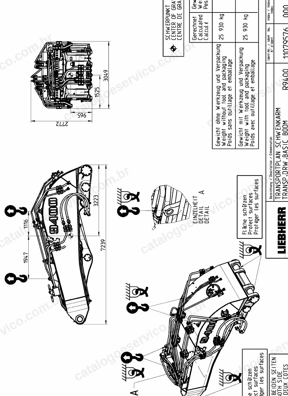 Desenho de transporte com pontos de içamento e amarração da R 9400