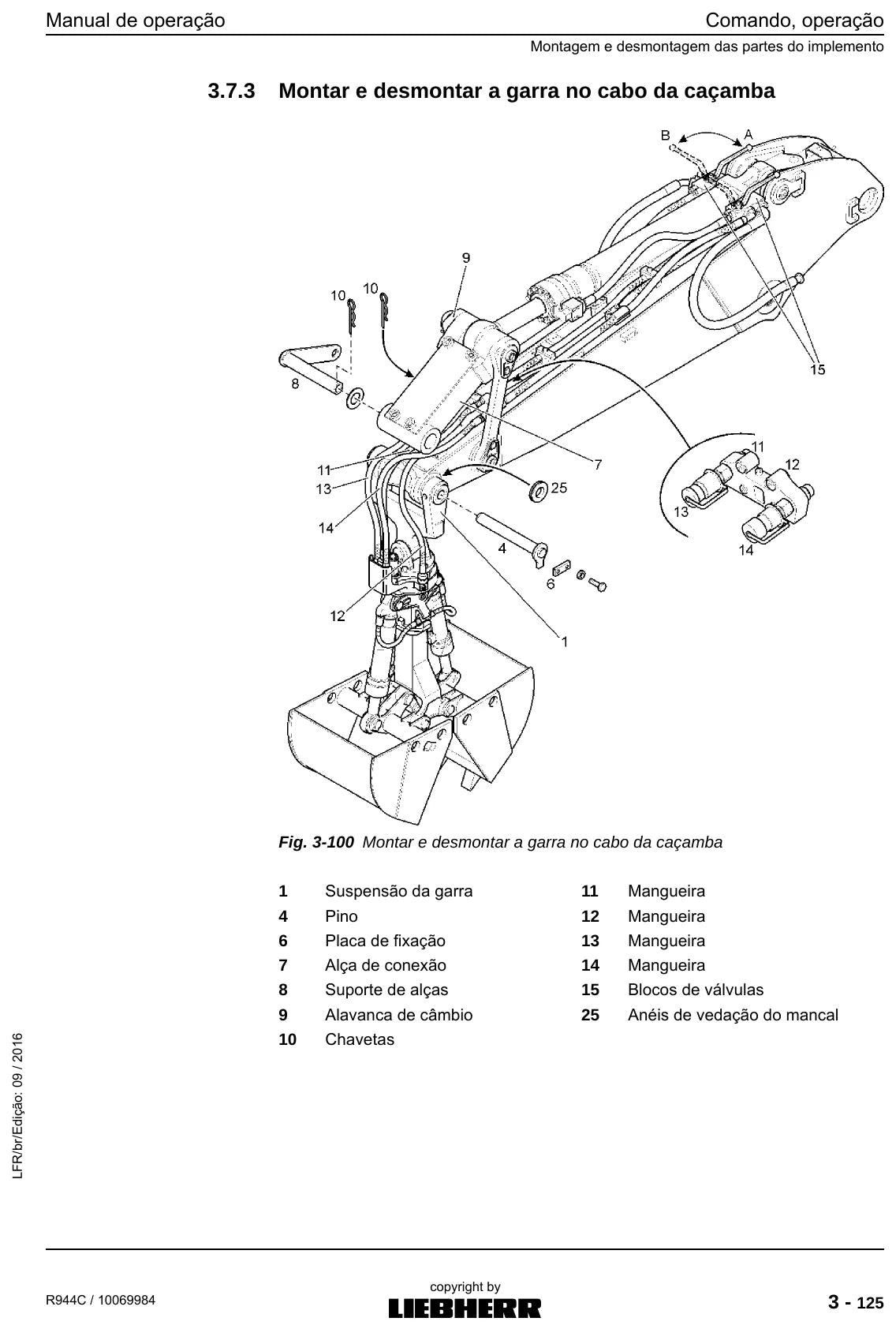 Página interna do Manual de Operação Liebherr R944C com ilustração de operação