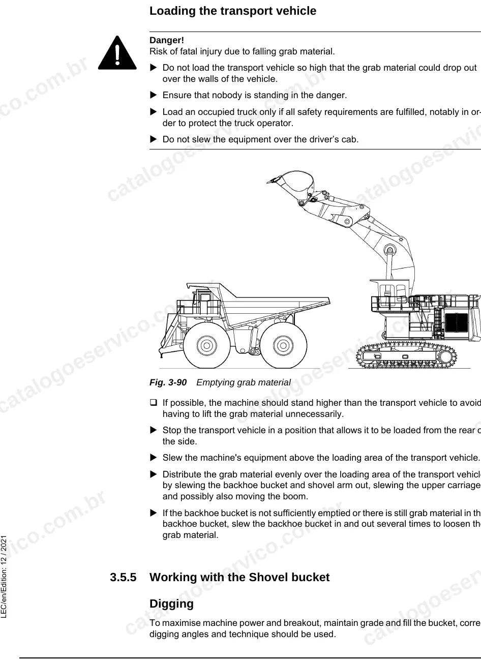 Carregamento do caminhão e trabalho com a caçamba frontal da R 9800