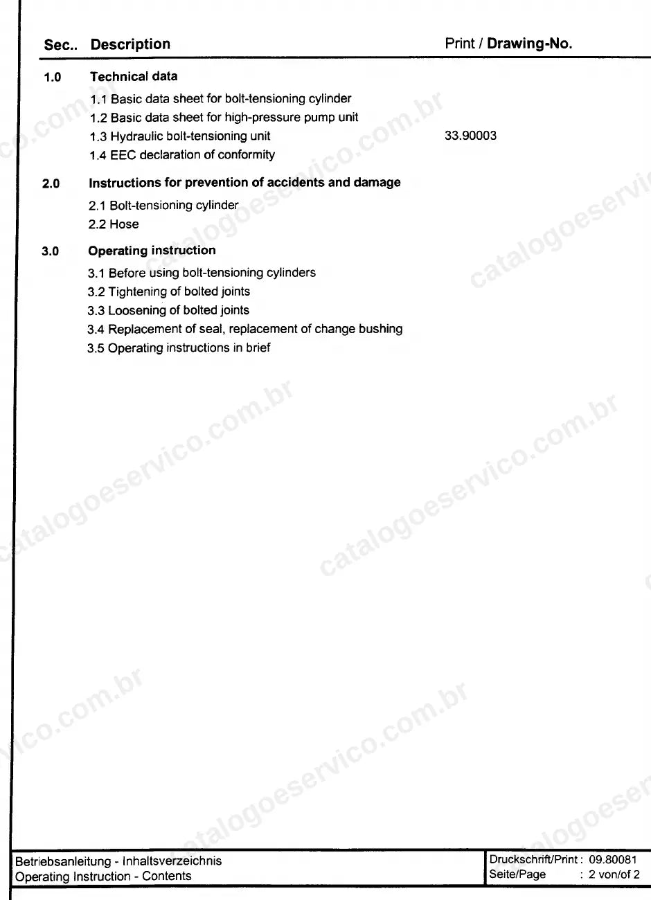 Índice das instruções da unidade hidráulica de tensionamento de parafusos