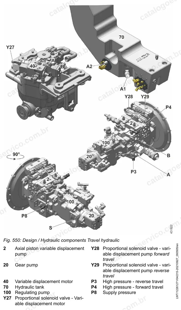 Componentes da hidráulica de translação do T 46-7 05S com pontos de teste