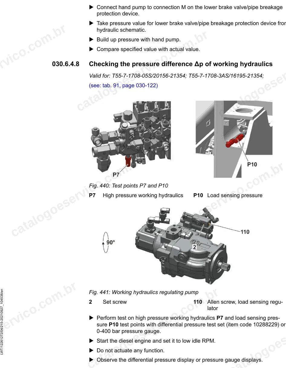 Teste da pressão diferencial da hidráulica de trabalho load sensing do T 55-7 05S