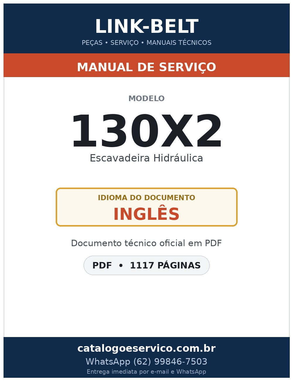 Manual de Serviço Link-Belt 130X2 Escavadeira Hidráulica