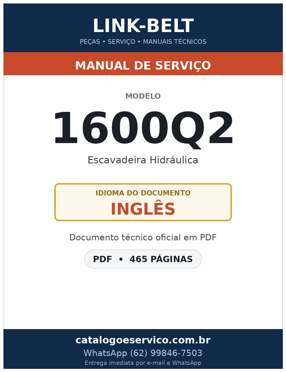 Manual de Serviço Link-Belt 1600Q2 Escavadeira Hidráulica