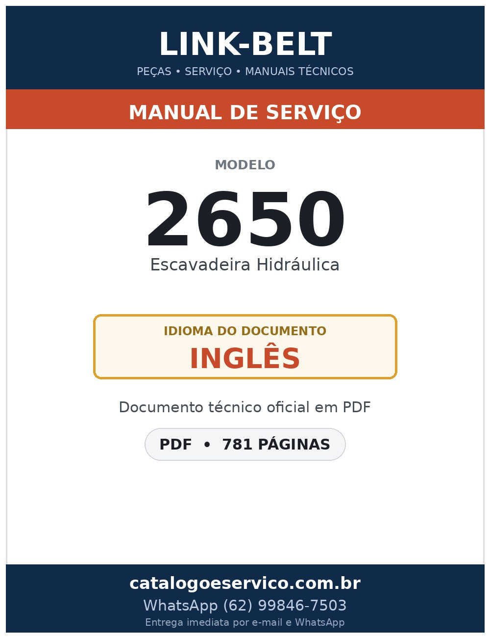 Manual de Serviço Link-Belt 2650 Escavadeira Hidráulica