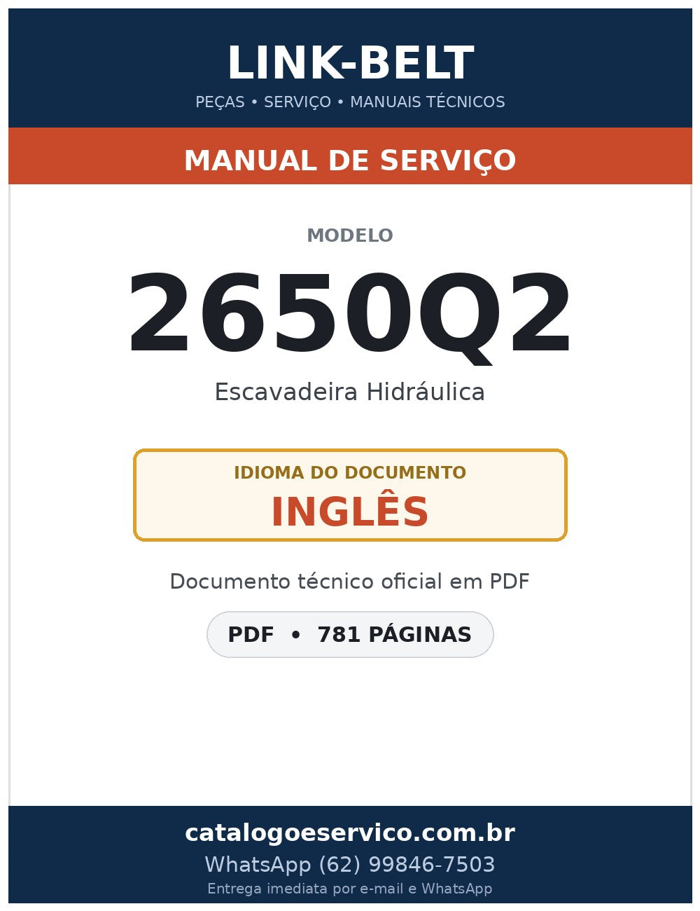 Manual de Serviço Link-Belt 2650Q2 Escavadeira Hidráulica