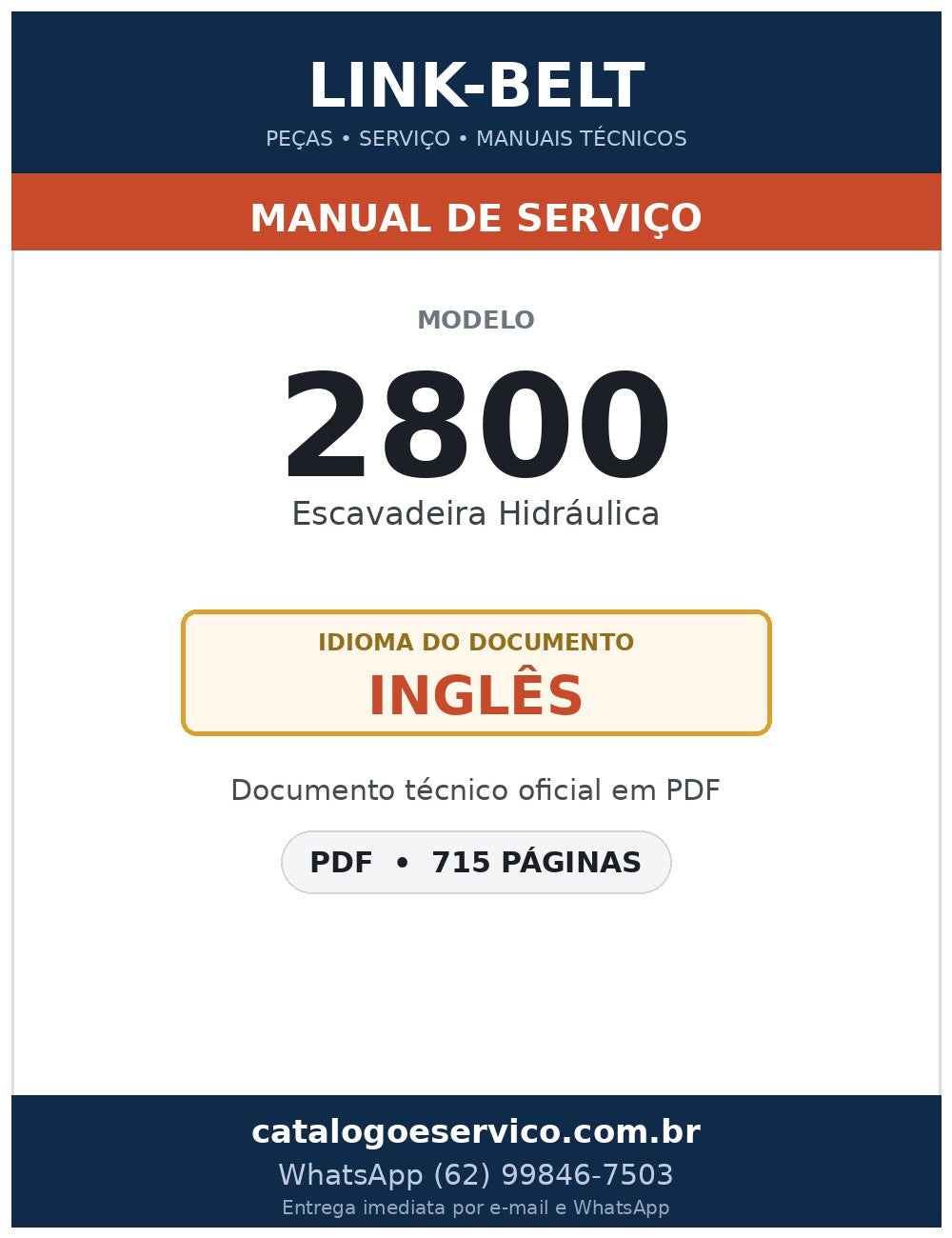 Manual de Serviço Link-Belt 2800 Escavadeira Hidráulica