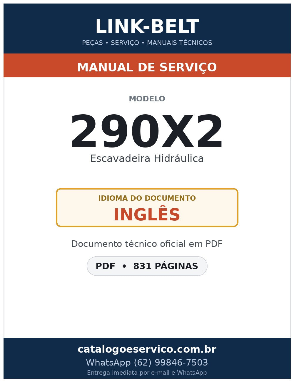 Manual de Serviço Link-Belt 290X2 Escavadeira Hidráulica