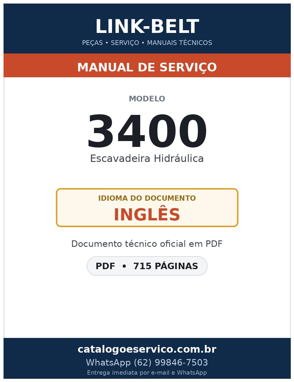Manual de Serviço Link-Belt 3400 Escavadeira Hidráulica