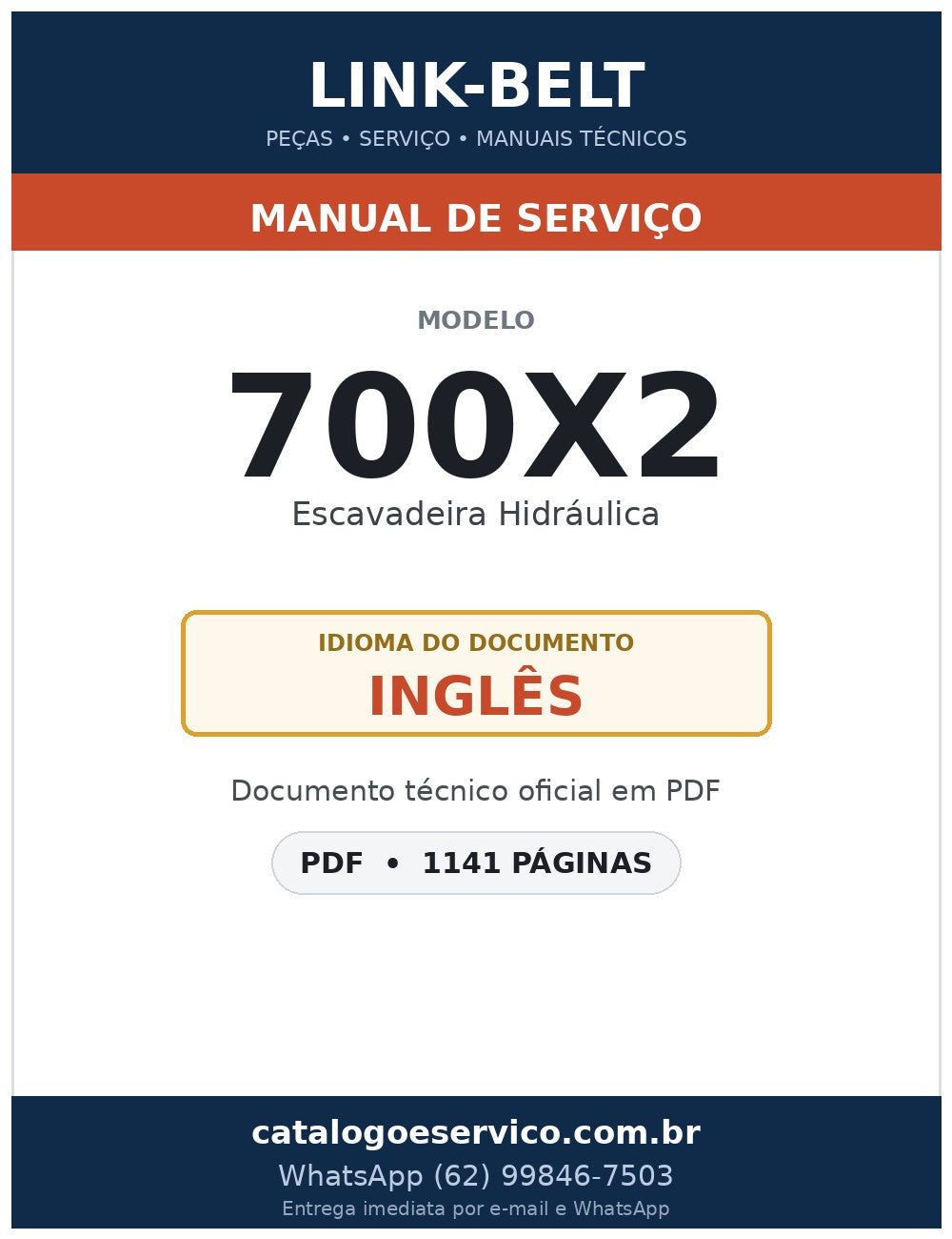 Manual de Serviço Link-Belt 700X2 Escavadeira Hidráulica
