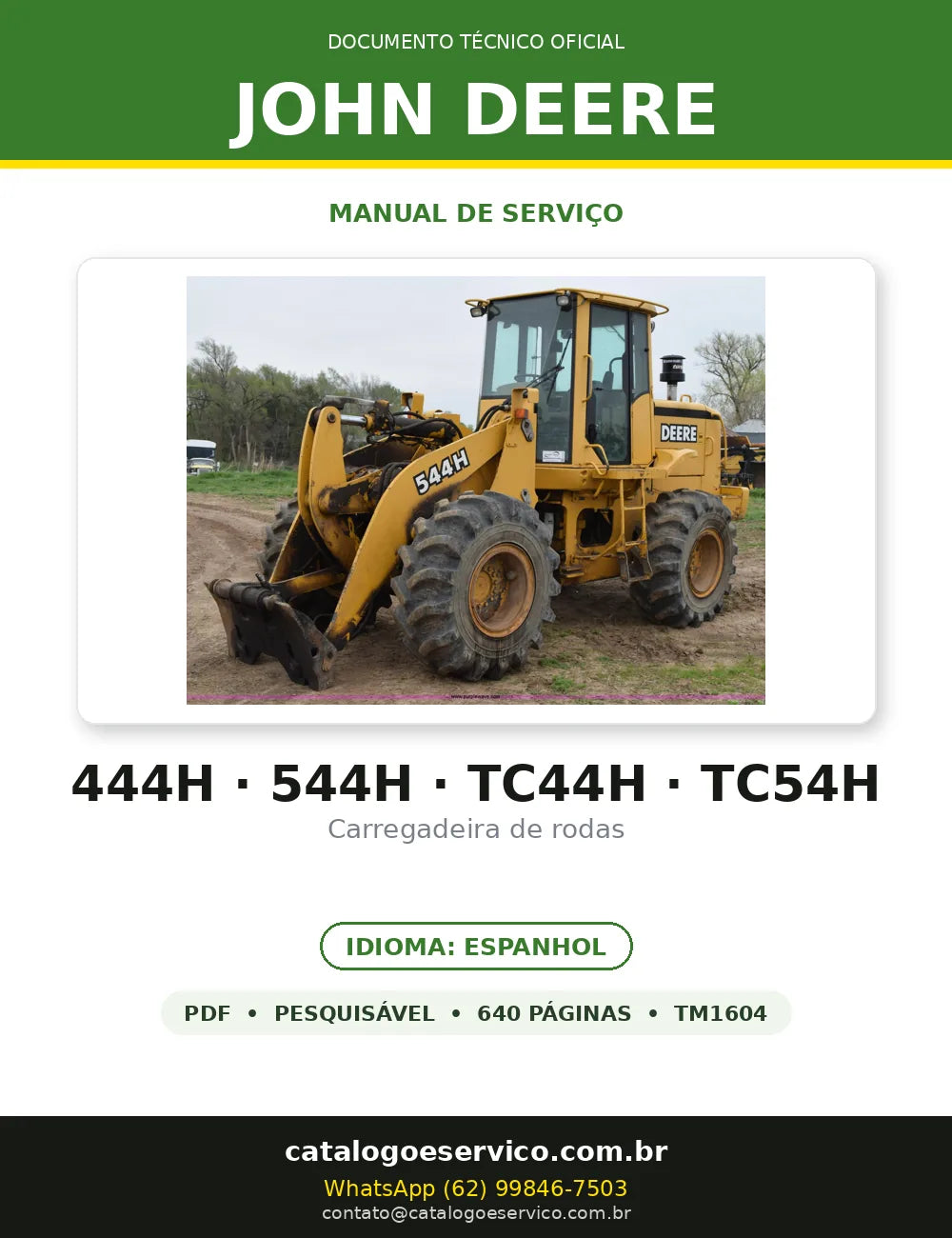Manual de Serviço John Deere 444H · 544H · TC44H · TC54H em PDF — capa do documento técnico (640 páginas, Espanhol)