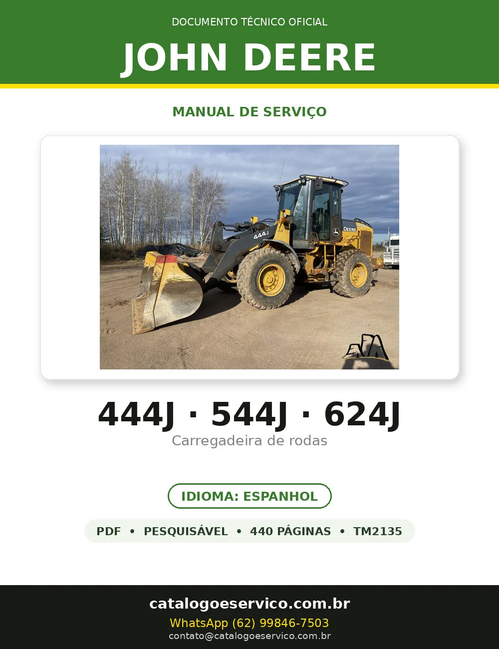 Manual de Serviço John Deere 444J · 544J · 624J em PDF — capa do documento técnico (440 páginas, Espanhol)