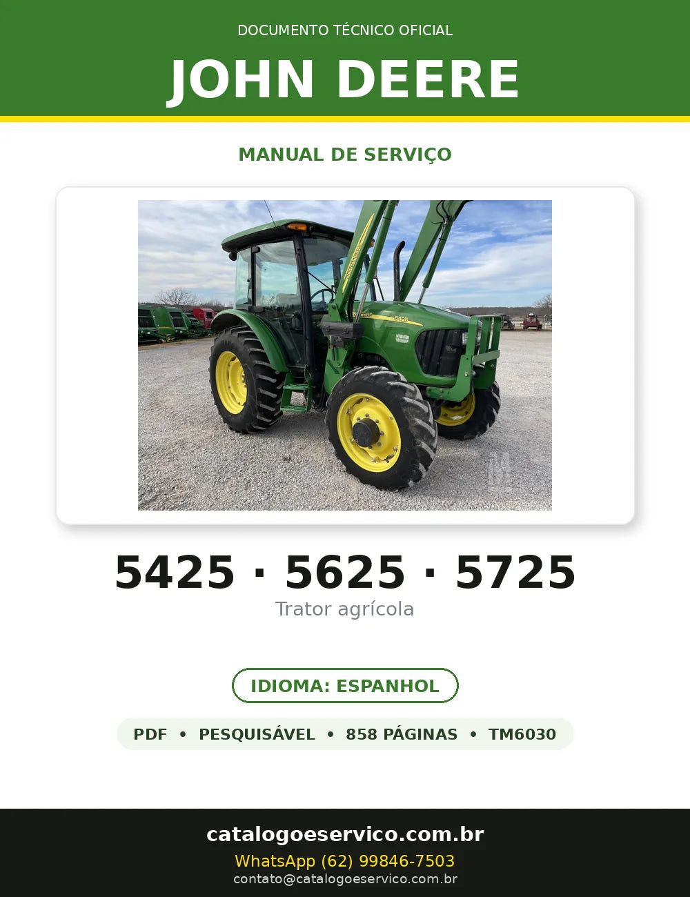 Manual de Serviço John Deere 5425 · 5625 · 5725 em PDF — capa do documento técnico (858 páginas, Espanhol)