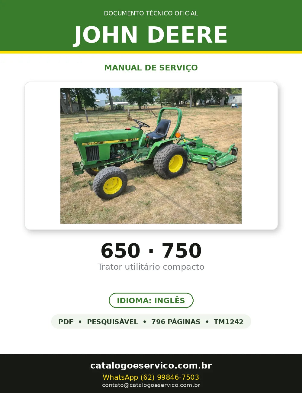 Manual de Serviço John Deere 650 · 750 em PDF — capa do documento técnico (796 páginas, Inglês)