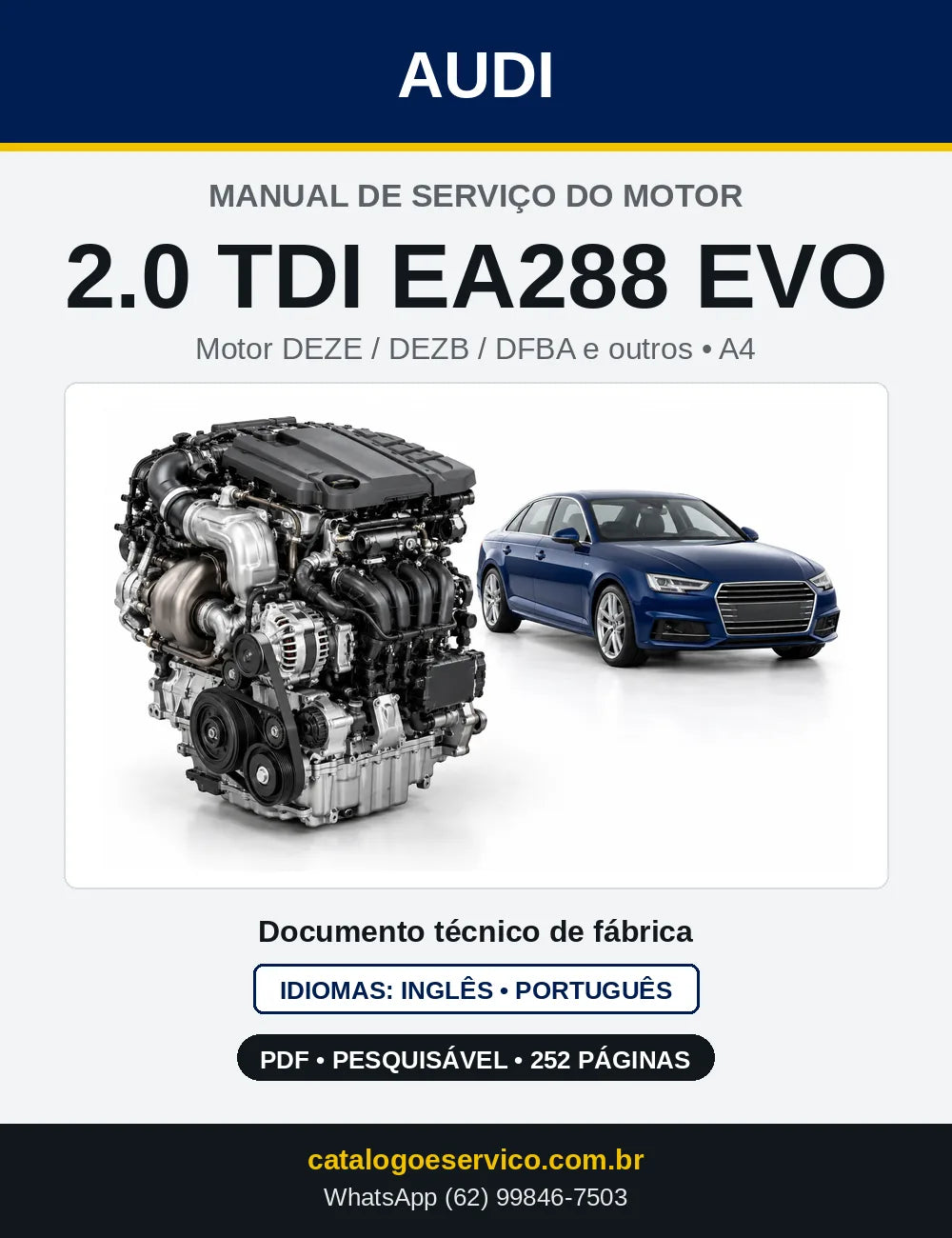 Capa do manual de serviço do motor 2.0 TDI EA288 EVO (DEZE) — Audi A4, A5 e A6 em PDF