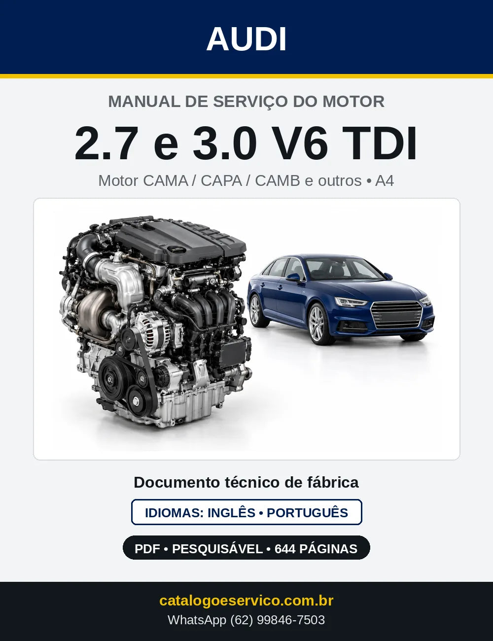 Capa do manual de serviço do motor 2.7 e 3.0 V6 TDI (CAMA) — Audi A4, A5 Coupé e A5 Cabriolet em PDF