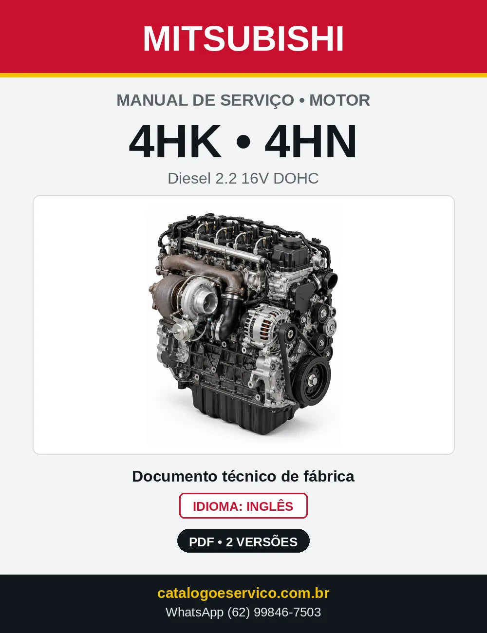 Capa do manual de serviço do motor Mitsubishi 4HK e 4HN 2.2 DI-D Diesel 16V em PDF
