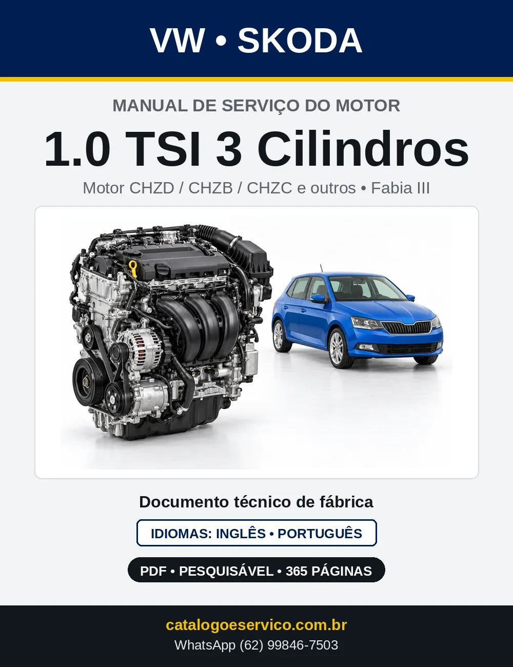 Capa do manual de serviço do motor 1.0 TSI 3 Cilindros (CHZD) — Skoda Fabia III, Karoq e Octavia III em PDF