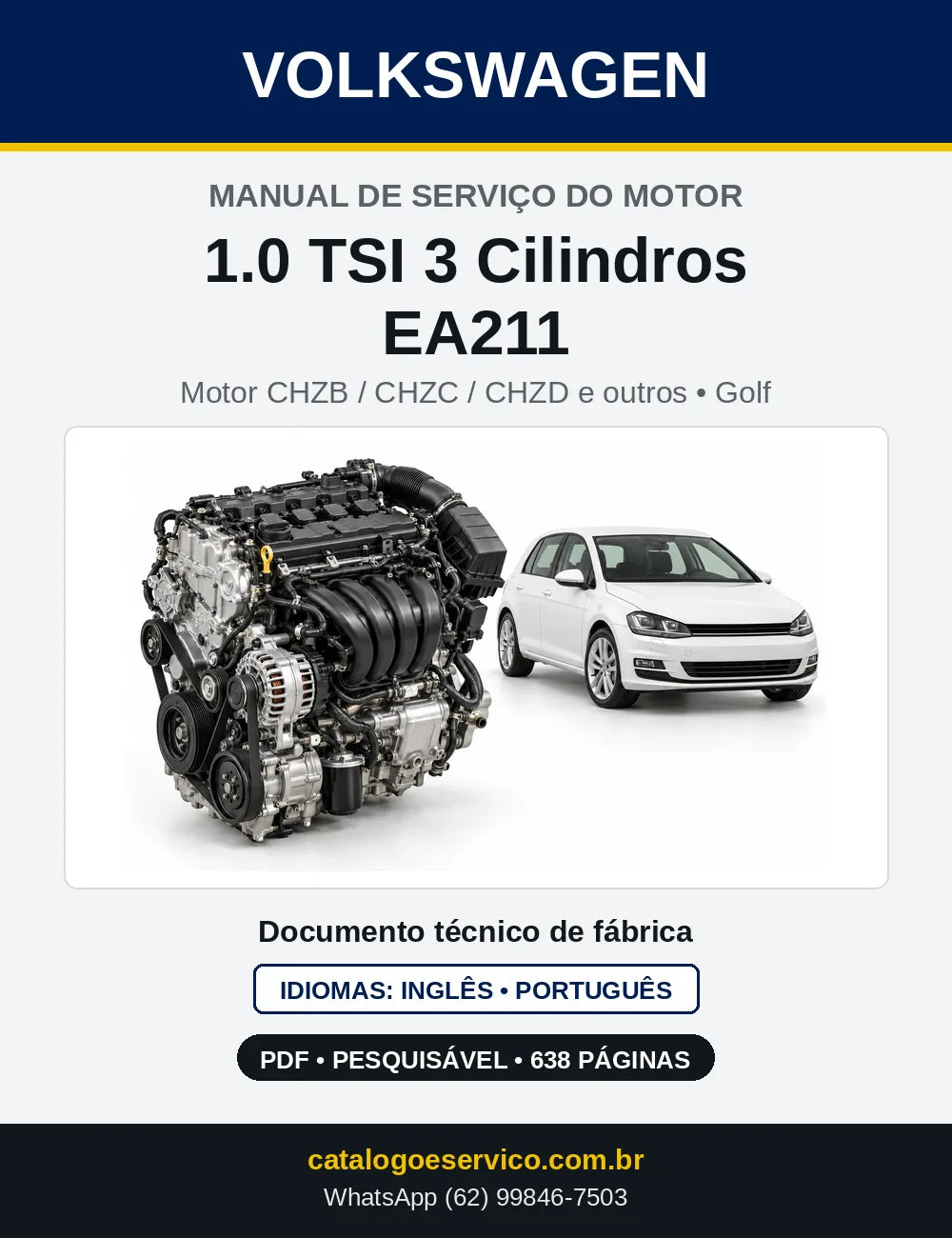 Capa do manual de serviço do motor 1.0 TSI 3 Cilindros EA211 (CHZB) — Golf, Golf Sportsvan e Polo em PDF