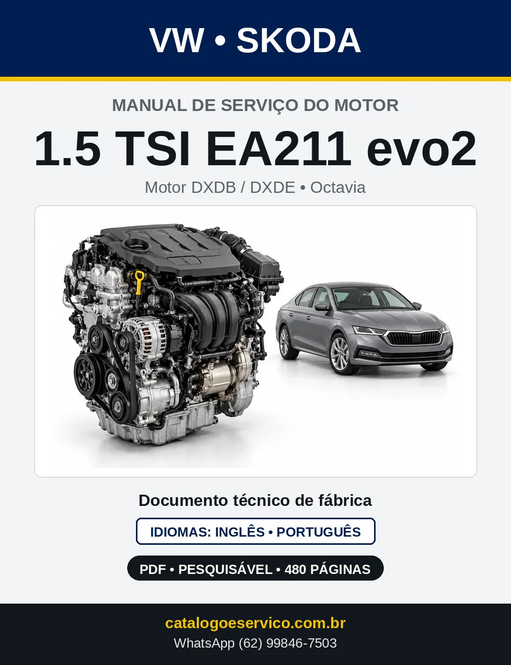 Capa do manual de serviço do motor 1.5 TSI EA211 evo2 (DXDB) — Skoda Octavia, Kamiq e Scala em PDF