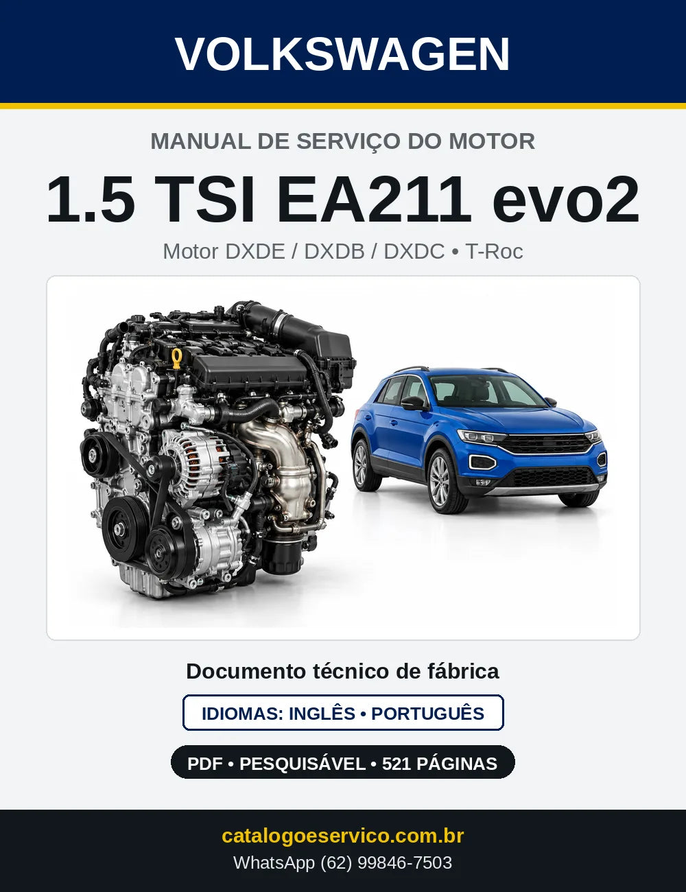 Capa do manual de serviço do motor 1.5 TSI EA211 evo2 (DXDE) — T-Roc, T-Roc Cabriolet e Touran em PDF
