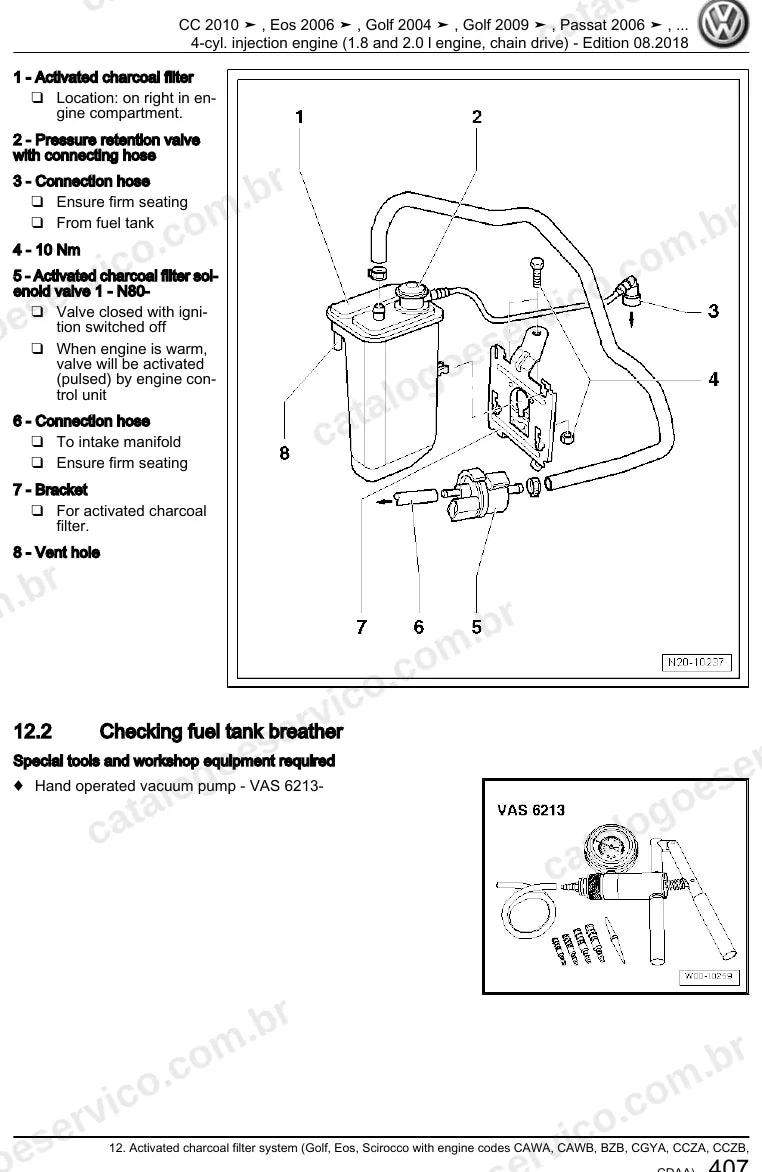 Página ilustrada do manual de serviço do motor 1.8 e 2.0 TSI EA888 (CAWA) — CC, Eos e Golf — figura 1