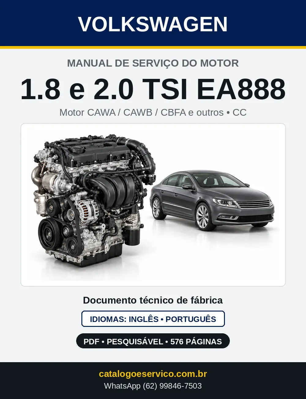 Capa do manual de serviço do motor 1.8 e 2.0 TSI EA888 (CAWA) — CC, Eos e Golf em PDF