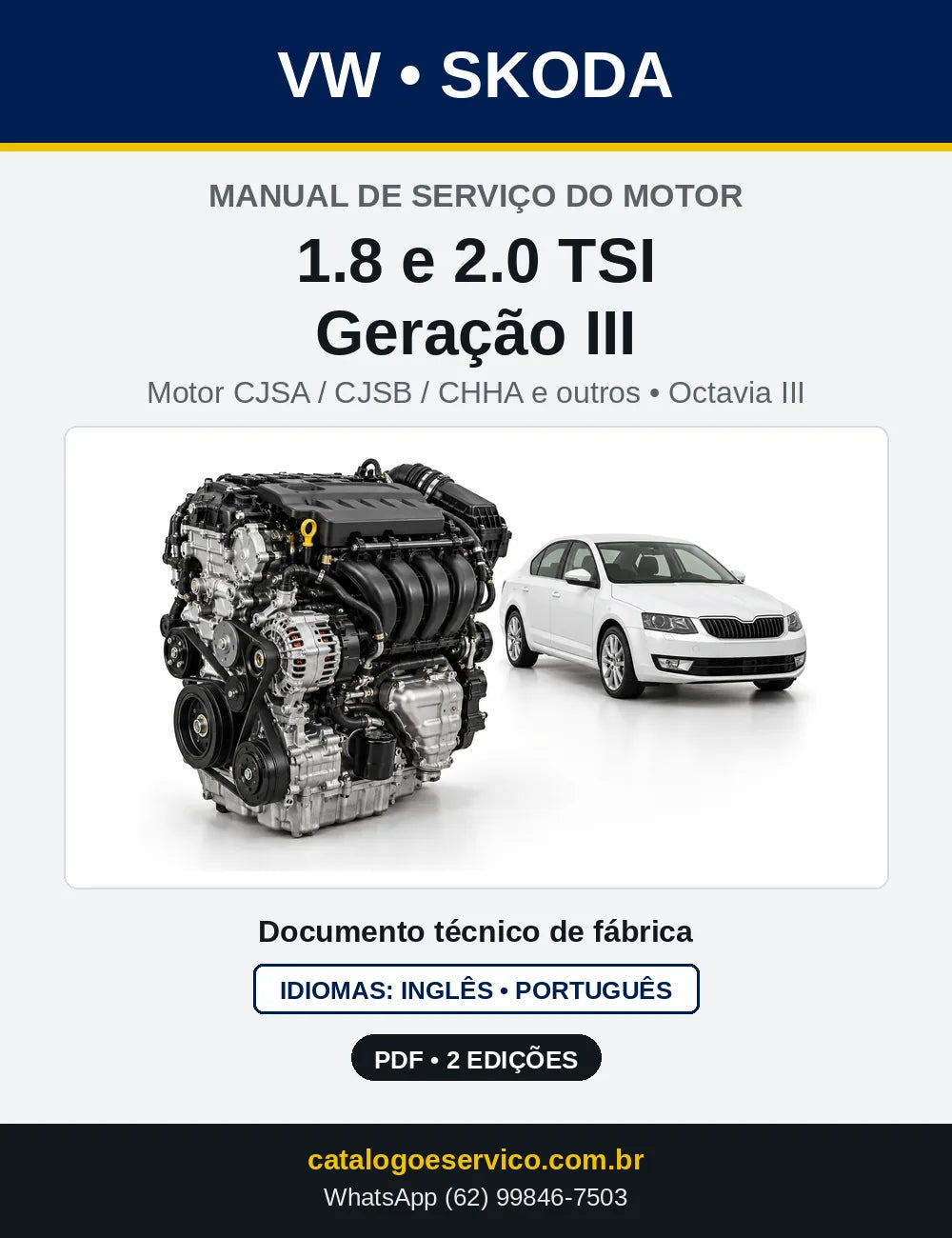 Capa do manual de serviço do motor 1.8 e 2.0 TSI Geração III (CJSA) — Skoda Octavia III, Octavia IV e Kodiaq em PDF