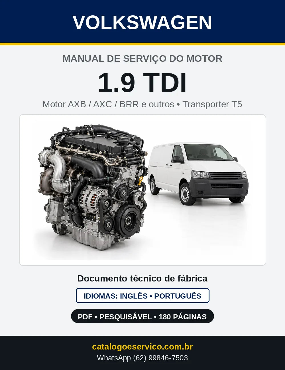 Capa do manual de serviço do motor 1.9 TDI (AXB) — Transporter T5 em PDF