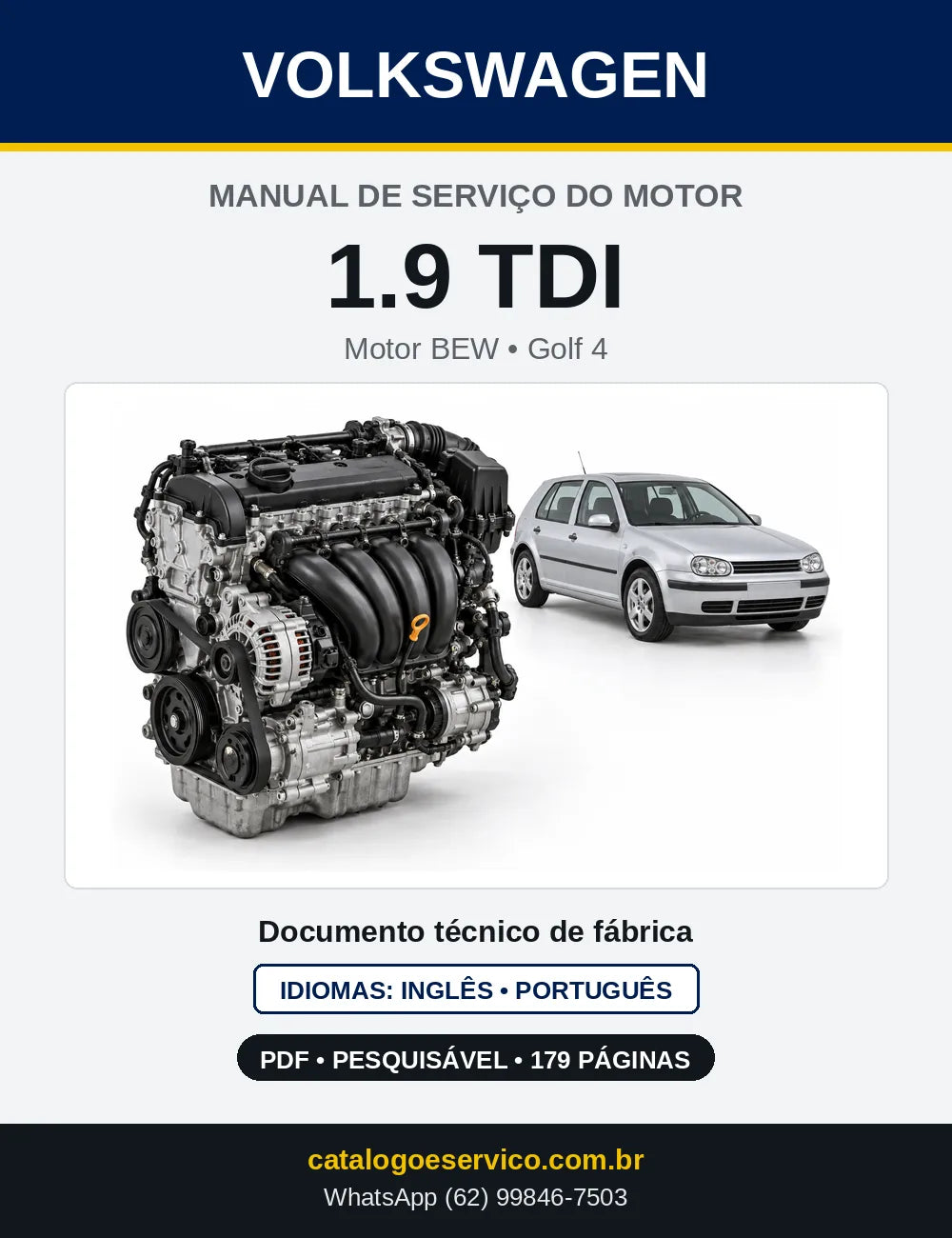 Capa do manual de serviço do motor 1.9 TDI (BEW) — Golf 4, Jetta e Jetta Wagon em PDF