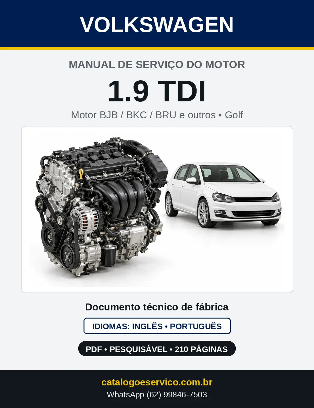 Capa do manual de serviço do motor 1.9 TDI (BJB) — Golf e Golf Plus em PDF