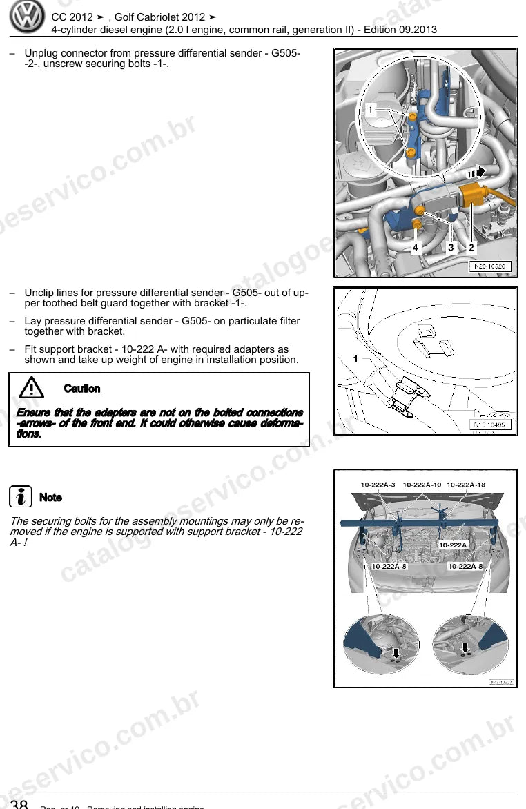 Página ilustrada do manual de serviço do motor 2.0 TDI Common Rail (CFHC) — CC e Golf Cabriolet — figura 1