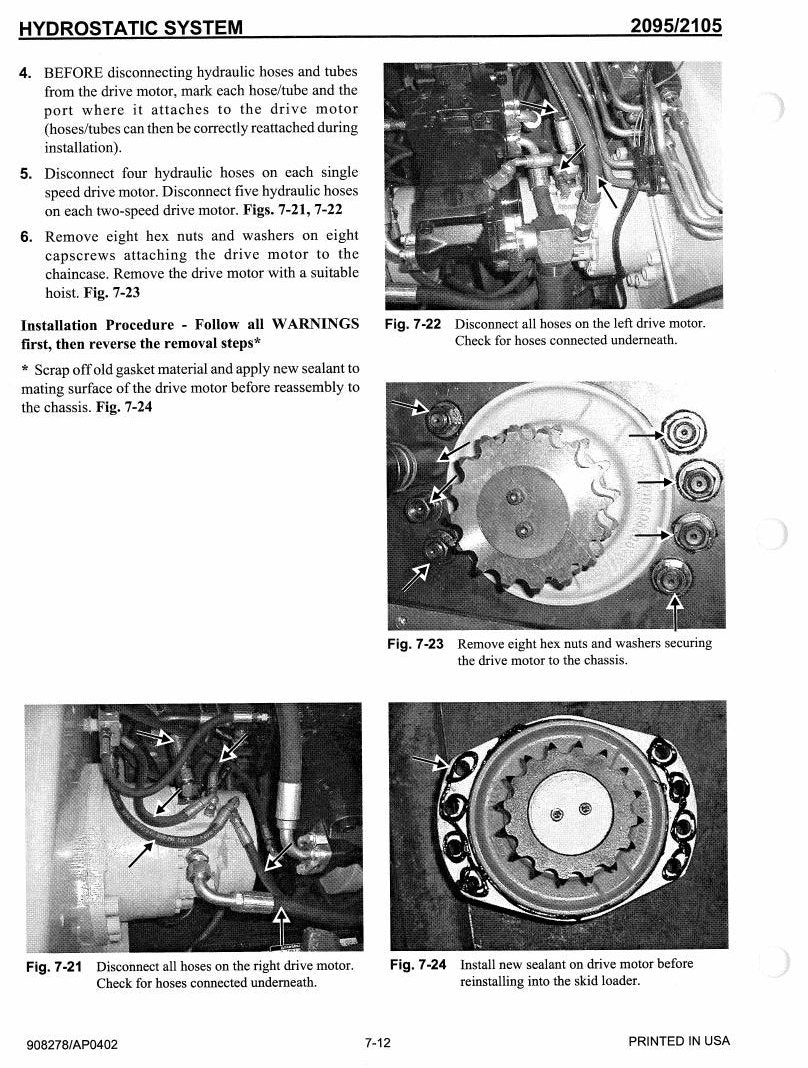 Manual de Serviço Mustang 2095 2105 Mini Carregadeira — procedimentos fotografados de hidrostático e comandos T-Bar — página interna 2
