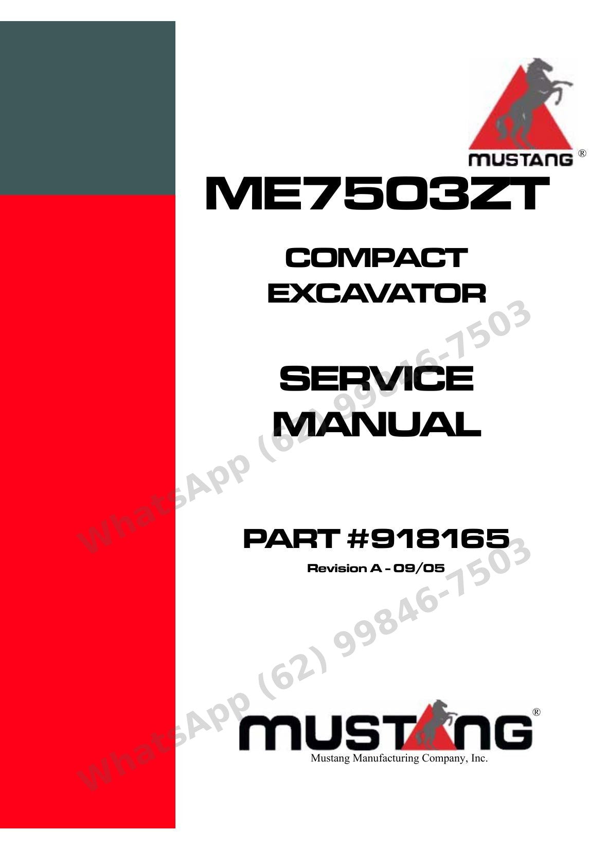 Manual de Serviço Mustang ME7503ZT Escavadeira Compacta — escavadeira de 7,5 t por dentro: pressões, bloco de válvulas e todos os números de identificação