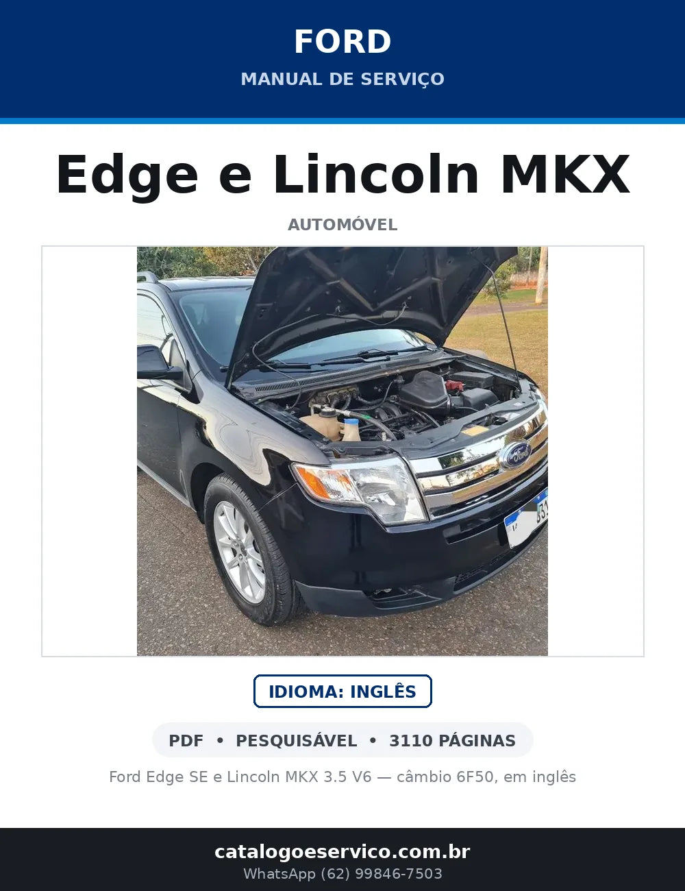 Capa do Manual de Serviço Ford Edge e Lincoln MKX em PDF — Ford Edge SE e Lincoln MKX 3.5 V6 — câmbio 6F50, em inglês