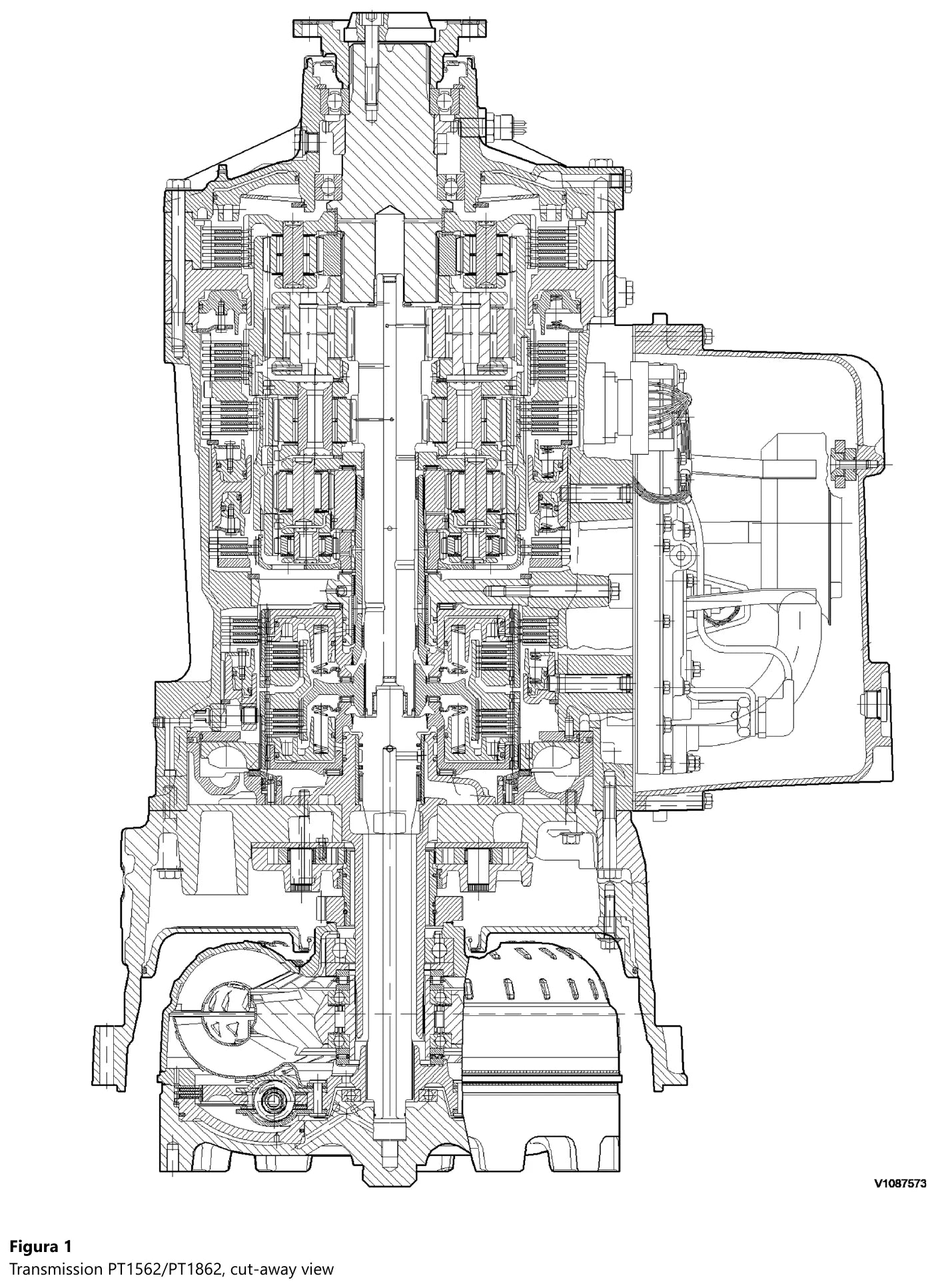 Vista em corte completa da transmissão Volvo PT1562/PT1862 mostrando conversor de torque, os cinco estágios planetários, embreagens K1 e K2 e o cárter de óleo