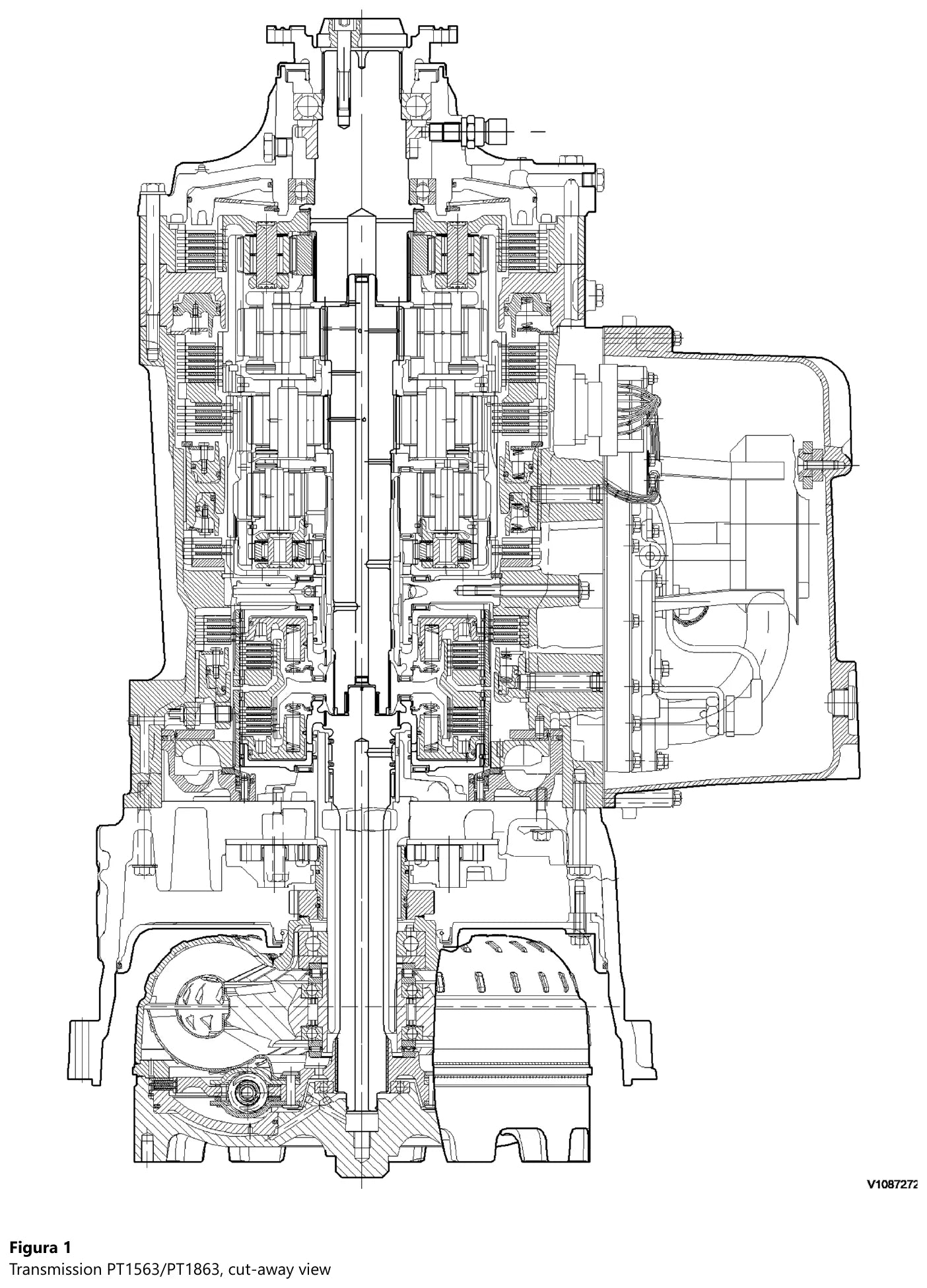 Corte longitudinal da transmissão Volvo PT1563/PT1863 com os cinco estágios planetários, os pacotes de freio e a carcaça do conversor de torque