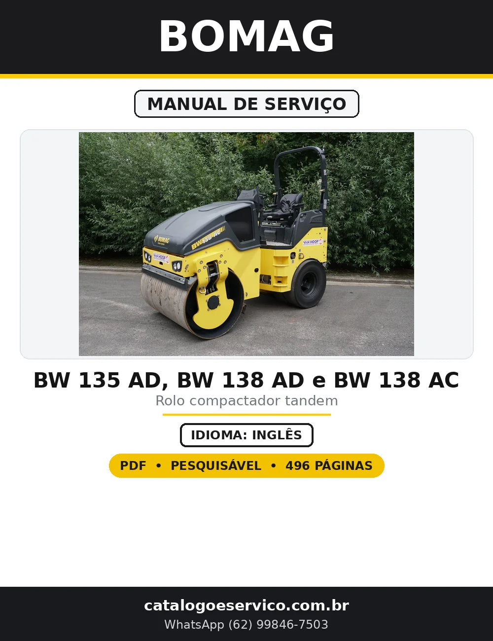 Capa do Manual de Serviço BOMAG BW 135 AD, BW 138 AD e BW 138 AC em PDF com 496 páginas