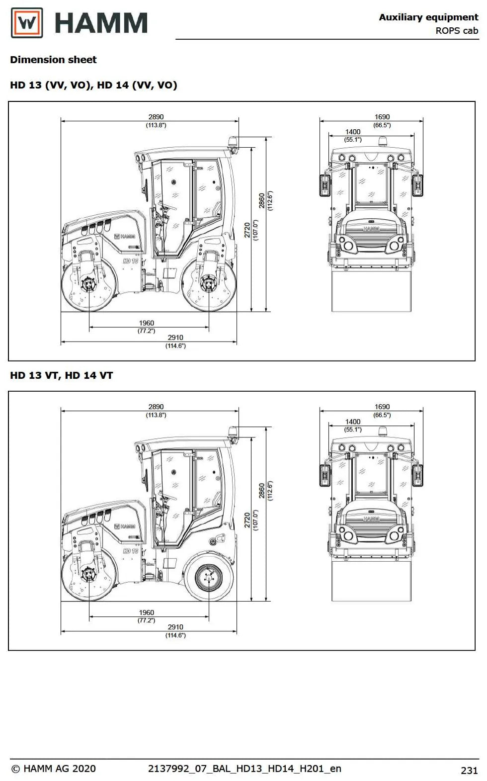 Página ilustrada do Manual de Instruções Hamm HD 13 / HD 14 com as posições numeradas