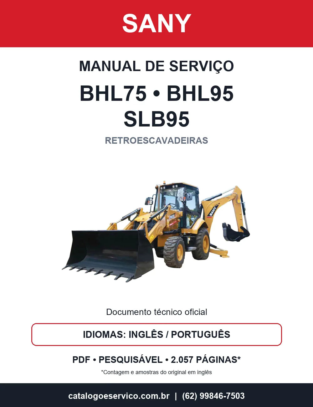 Manual de Serviço SANY BHL75 BHL95 SLB95 para retroescavadeiras — opções inglês e português