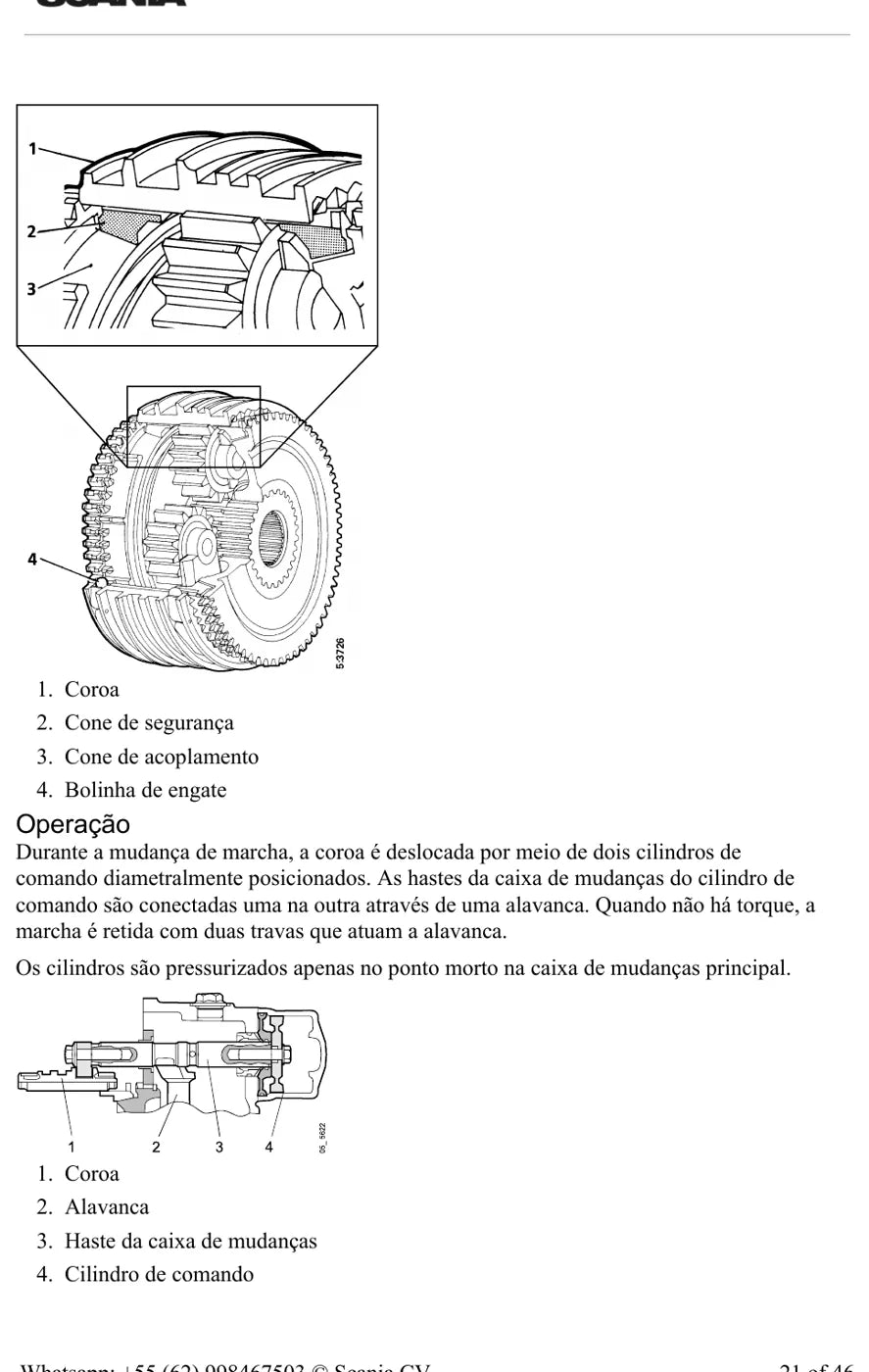 Página do Manual de Serviço Scania G 470 B com o detalhe da coroa e do cilindro de comando da caixa de mudanças
