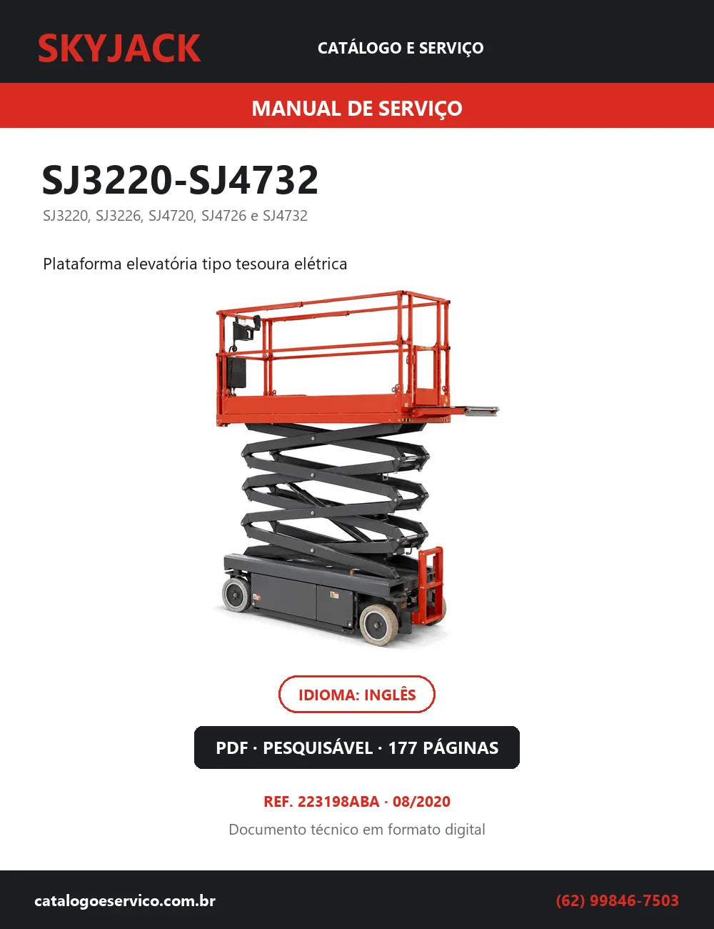 Capa do Manual de Serviço Skyjack SJ3220-SJ4732 — plataforma elevatória tipo tesoura elétrica, 177 páginas em PDF