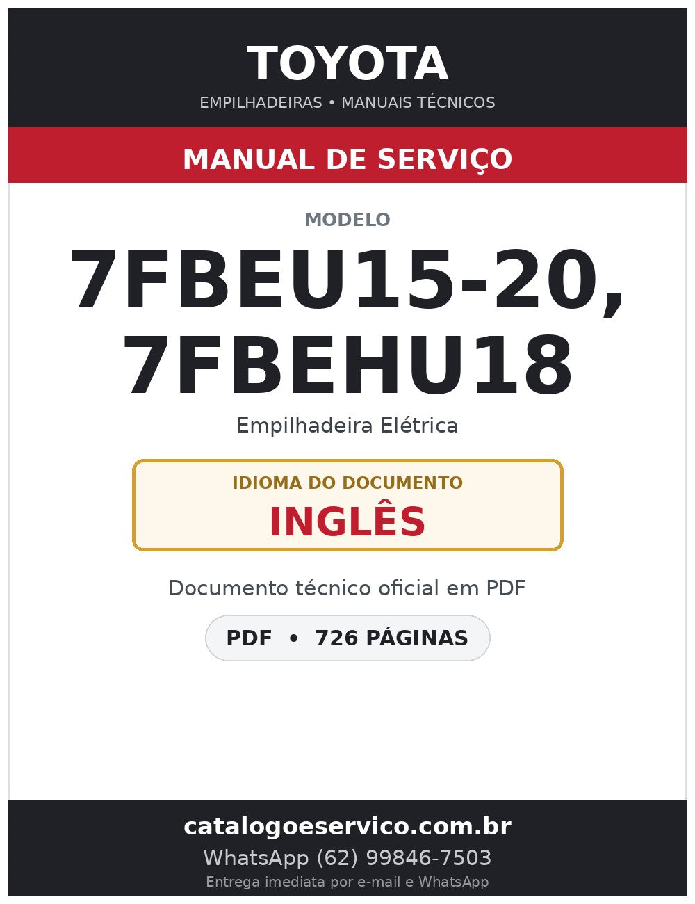 Manual de Serviço Toyota 7FBEU15-20, 7FBEHU18 Empilhadeira Elétrica
