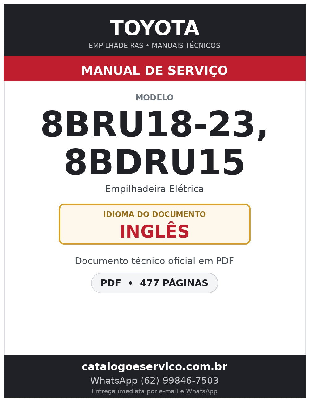 Manual de Serviço Toyota 8BRU18-23, 8BDRU15 Empilhadeira Retrátil Elétrica