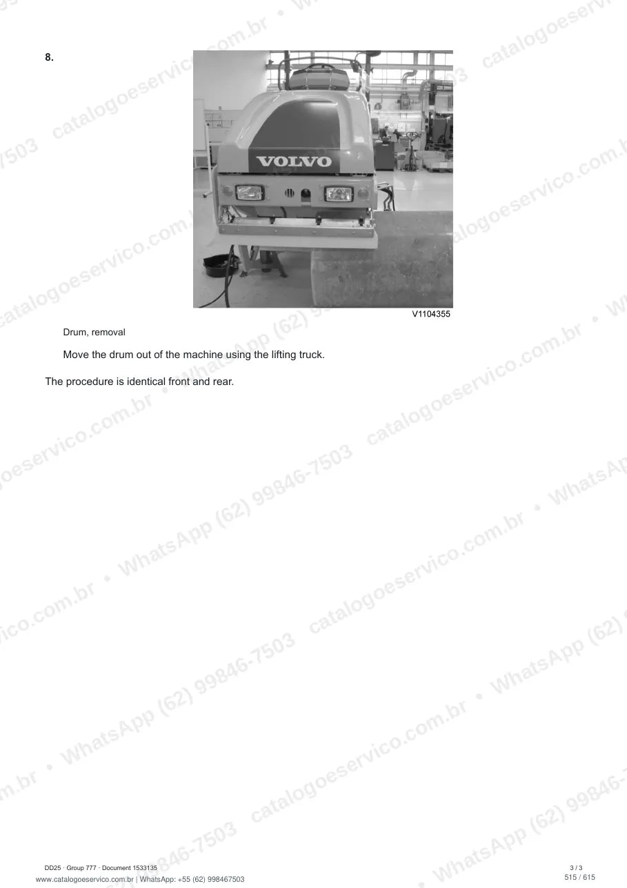 Manual de serviço Volvo DD25: página de procedimento com texto e figura