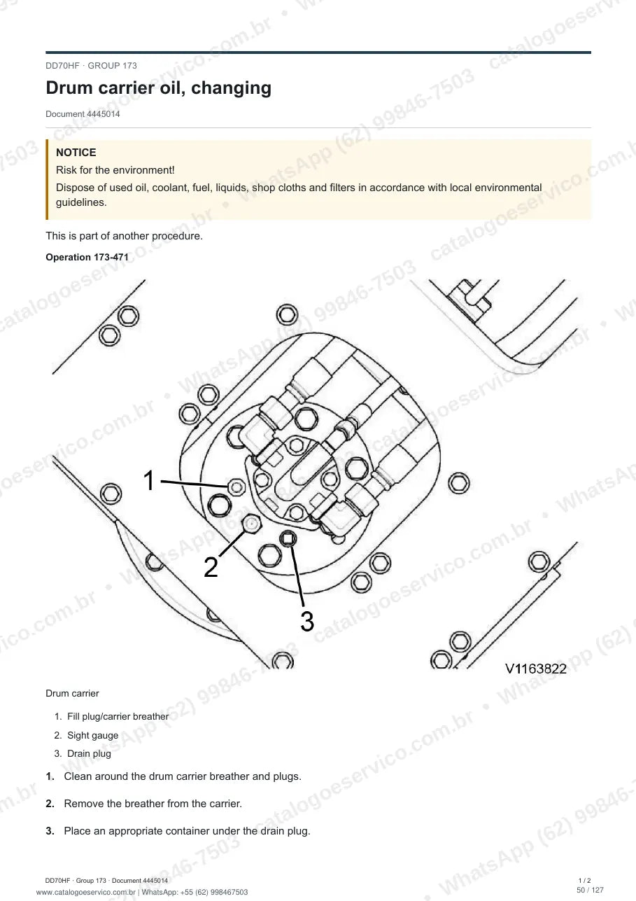 Manual de serviço Volvo DD70HF: página de procedimento com texto e figura