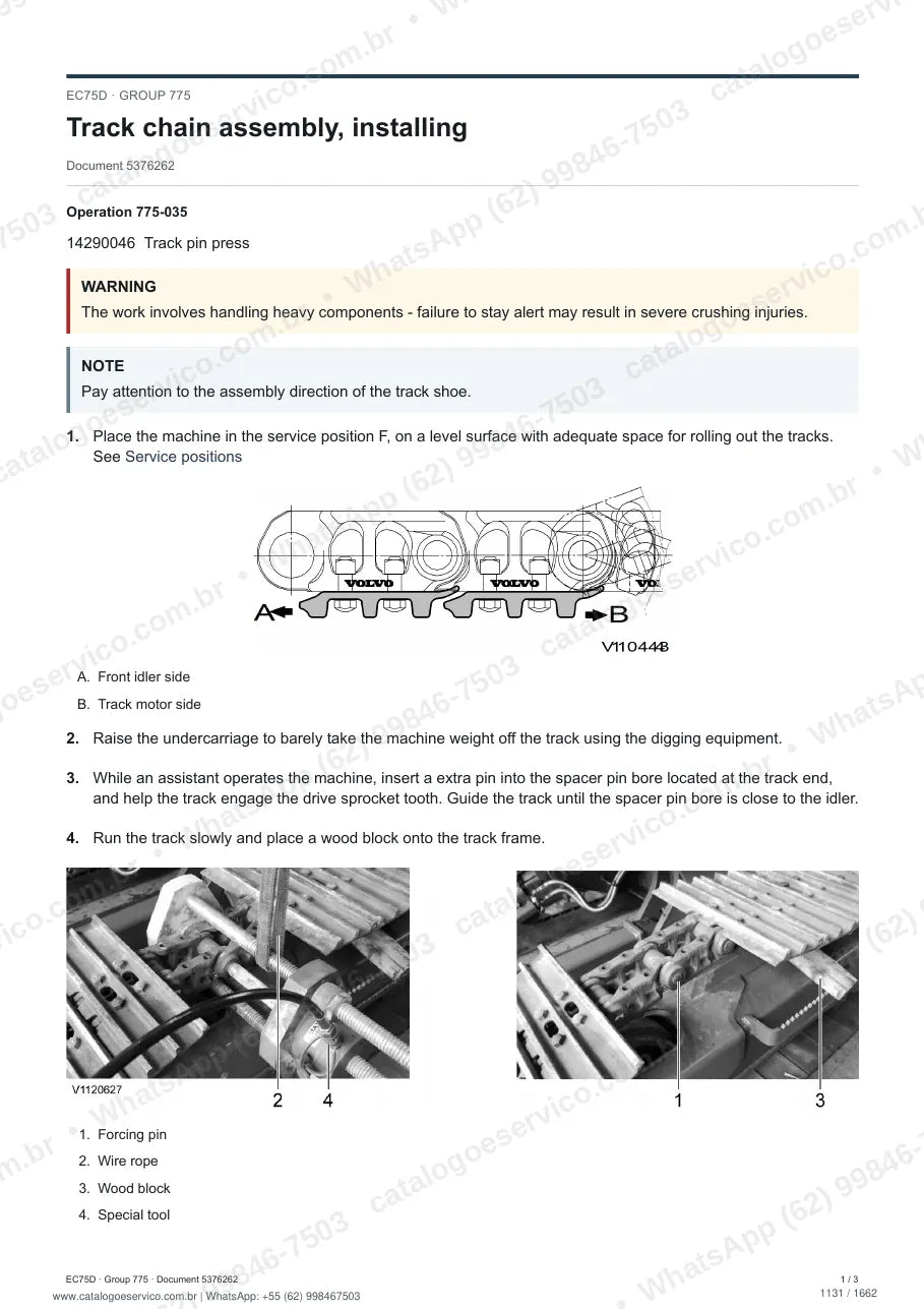 Manual de serviço Volvo EC75D e EC75D AG: página de procedimento com texto e figura